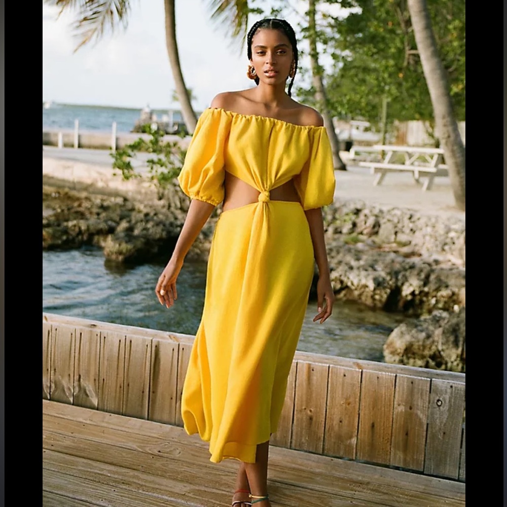 FARM Rio Yellow-Off-Shoulder-Cut Out-Midi Dress